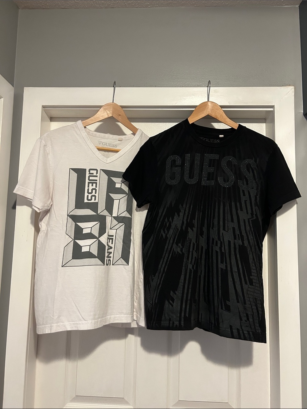 2 for $20! GUESS Black Graphic Logo Tee with White Geometric Tee